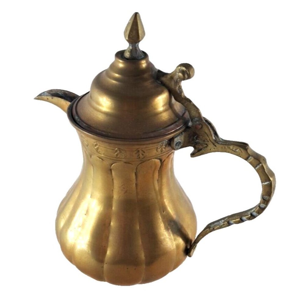 Vintage Brass Coffee Pot Tea Dallah Middle Eastern Arabic Metal Etched 7"